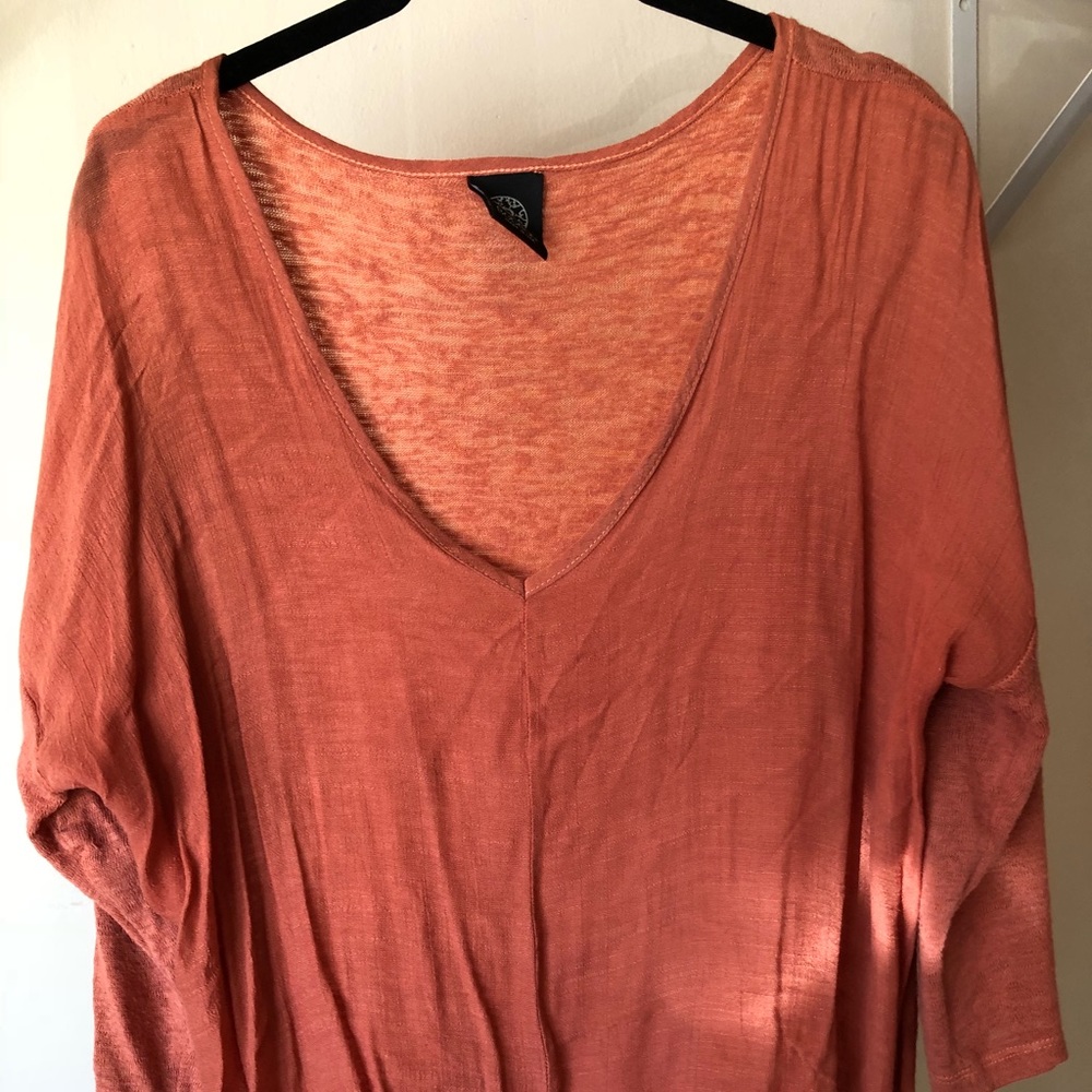 Burnt orange semi sheer v neck quarter sleeves